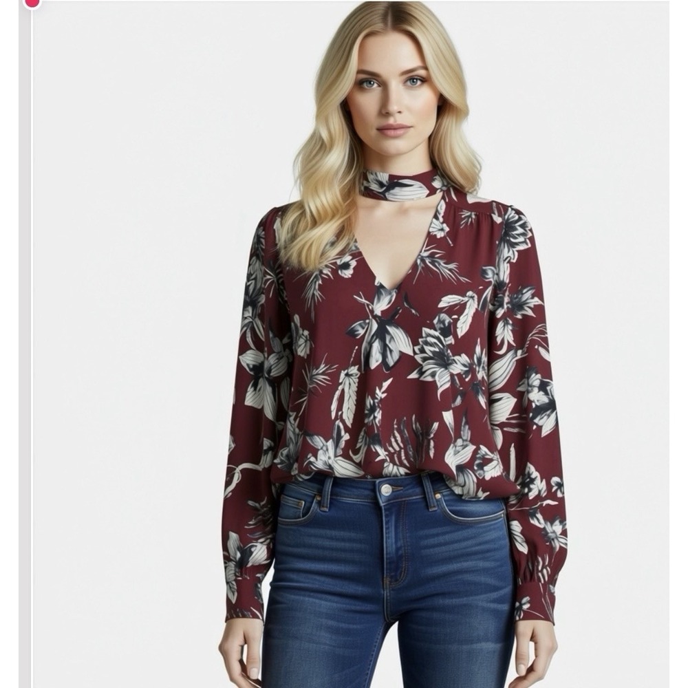 Parker Rebel Blouse Silk Lined Ruffle Floral‎ Burgundy Red White Size M $268